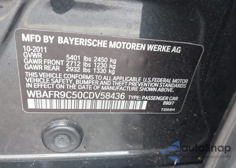 2012 BMW 550I из США, поврежденный, VIN WBAFR9C50CDV58436